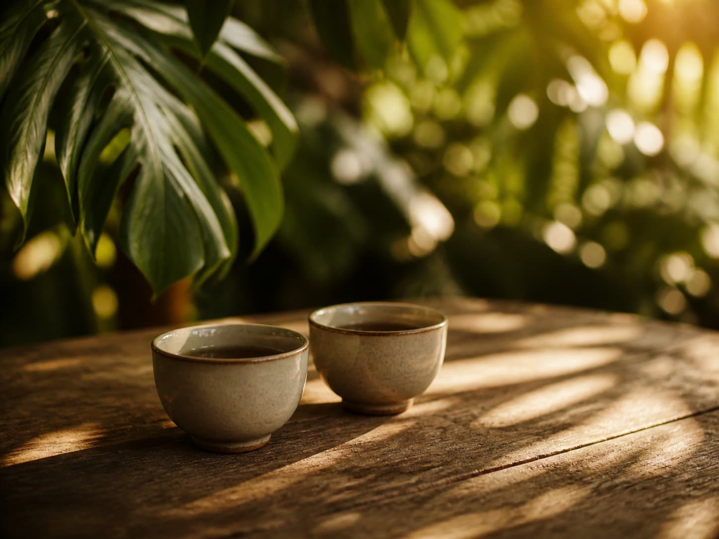 Two teacups on a wooden table in a garden, late-afternoon light through leaves