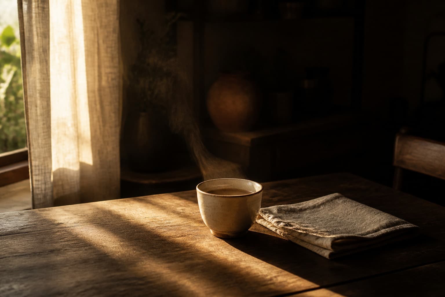 Morning light falling across a quiet room with a cup of tea on a linen-covered table