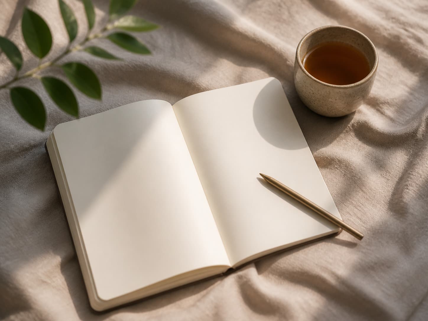 An open notebook, pen, and cup of tea arranged on warm linen in soft window light